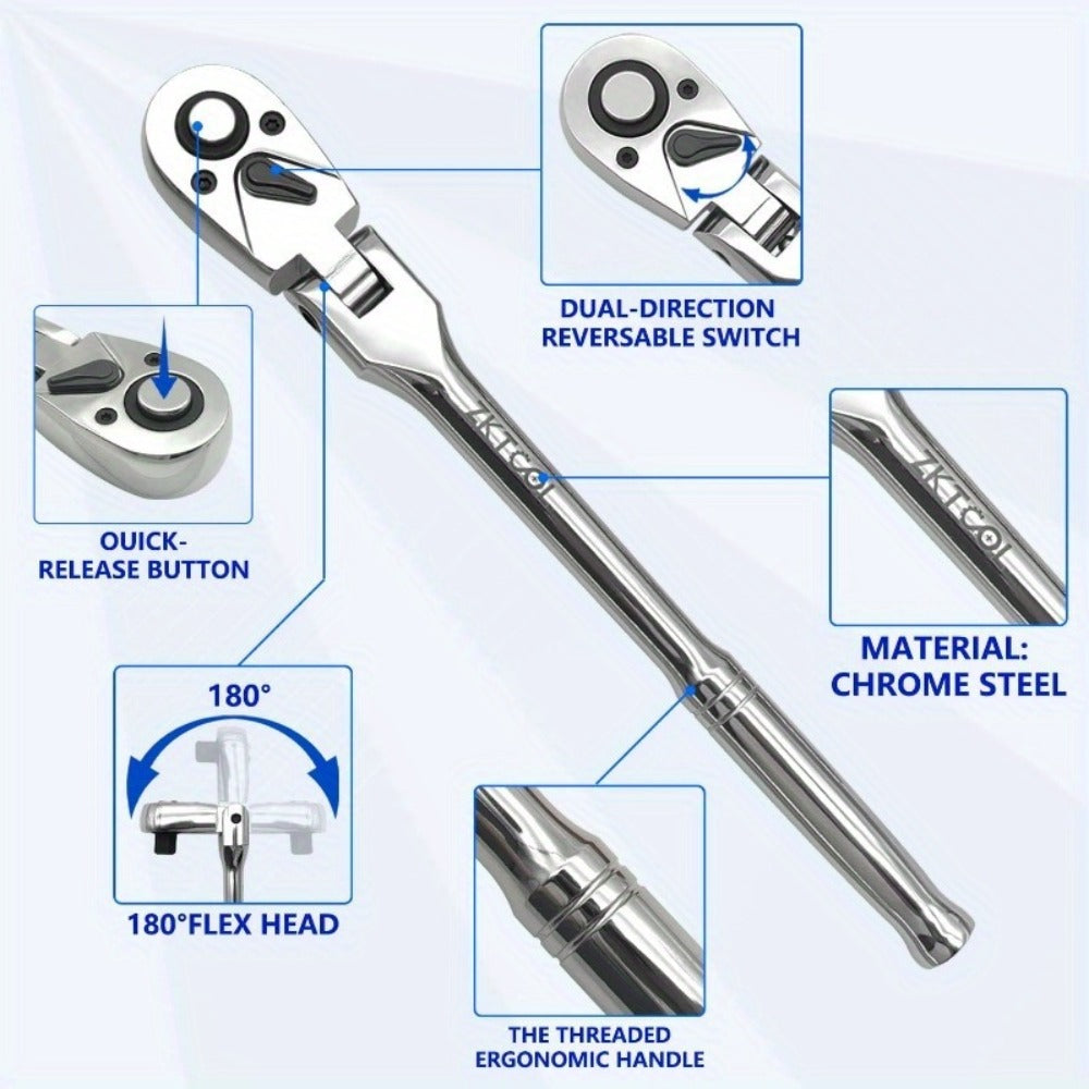 Swivel Head Ratchet Wrench Set – Spring-Loaded Flex Head 1/4" 3/8" 1/2" Drive with Extension Bar, Single or Multi-Pack for Au