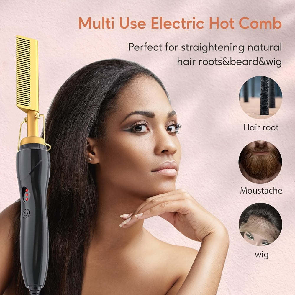 Electric Hot Comb Hair Straightener with Gold Titanium-Alloy Teeth, Detachable Guard and Adjustable Heat Controls — image 7