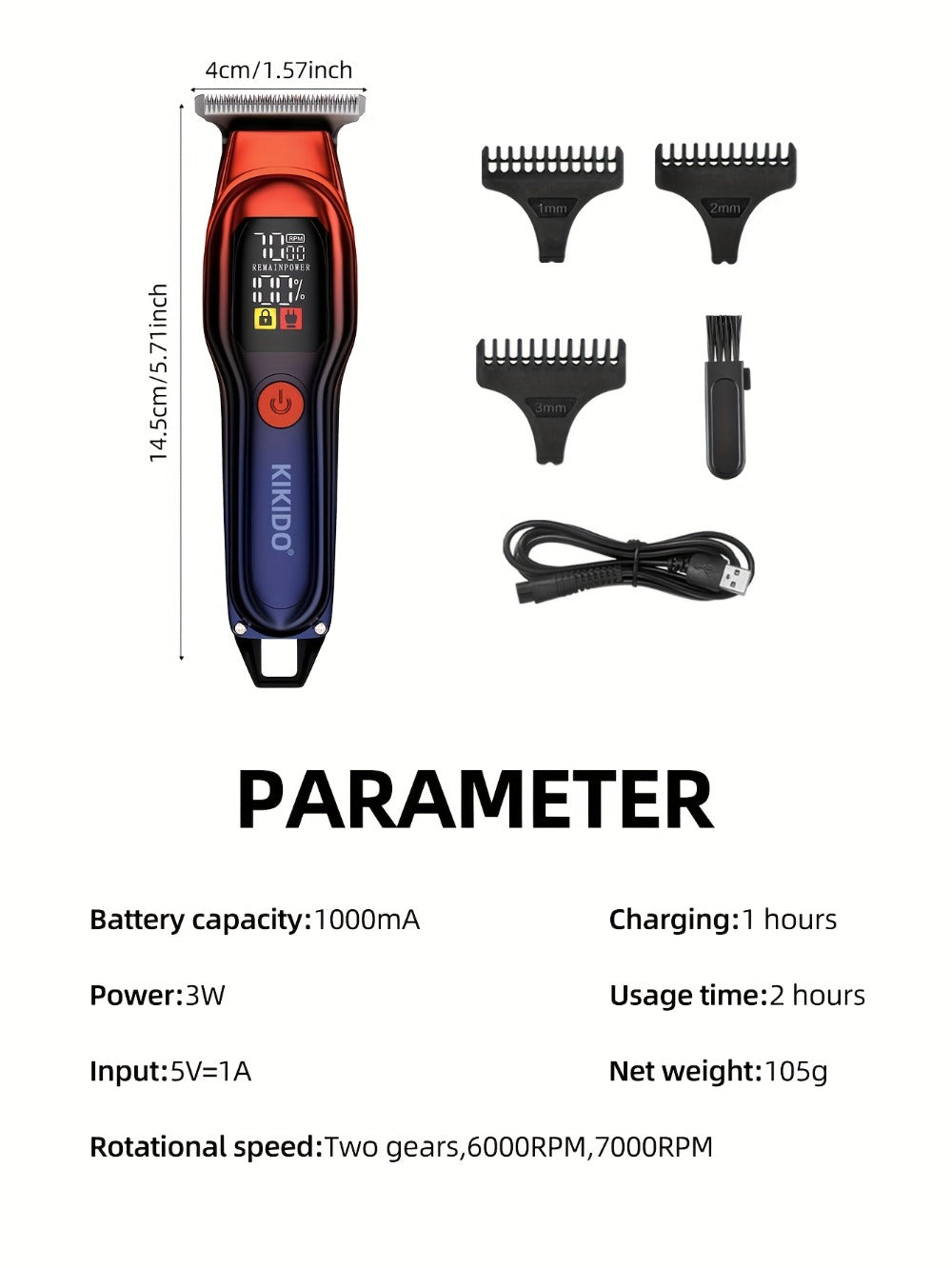 Hair Clippers & Trimmers KIKIDO KK-A2 T-Blade Model with LCD Display, USB Charging and Three Guide Combs — image 12