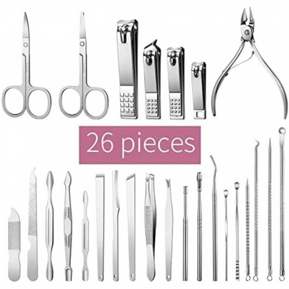Manicure Pedicure Set 26pcs Pink Stainless Steel – Precision Nail Clippers Cuticle Nipper & Dead Skin Scissors 45° Blade Prof