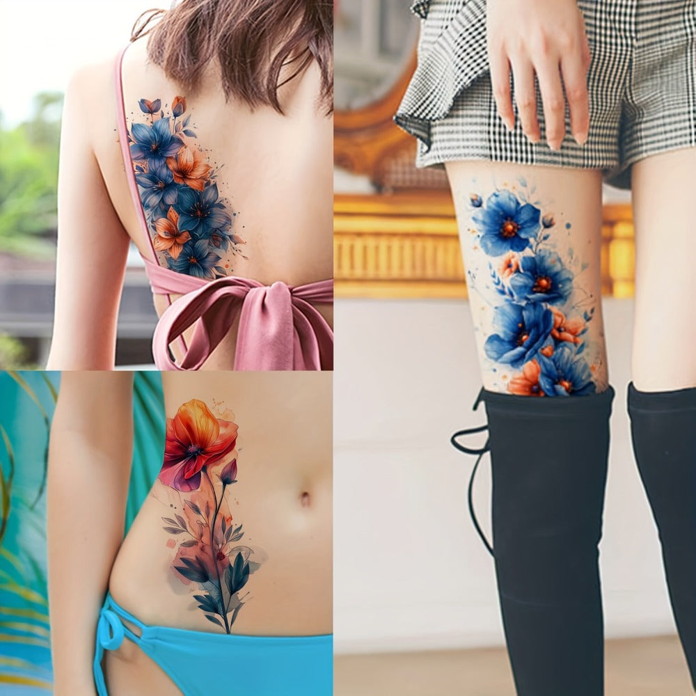 Temporary Tattoos GLARYYEARS 45-Sheet Watercolor Floral Set with 12 Large and 33 Small Designs for Arm, Wrist and Shoulder — 