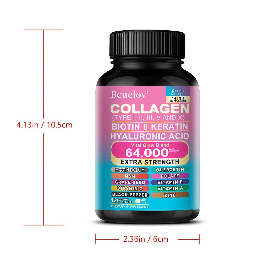 Collagen Capsules Types I II III V X with Biotin Keratin Hyaluronic Acid, Supports Skin Elasticity Hair Growth & Nail Strengt