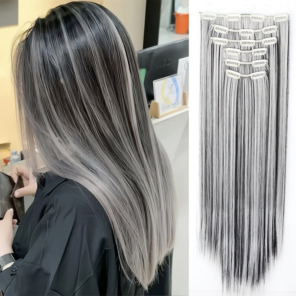 Hair Extensions Straight 24-Inch Synthetic Clip-In Set with Six Wefts in Black or Space Gray — image 6