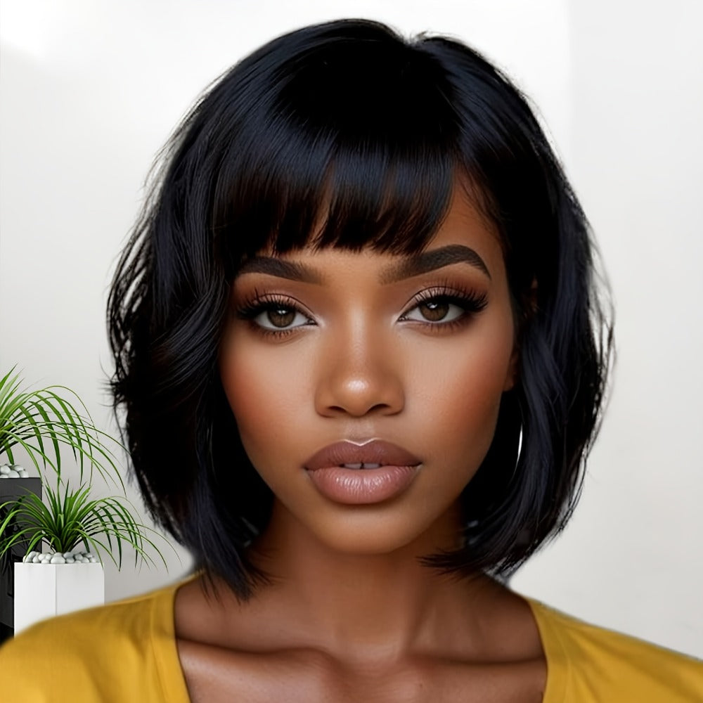 8-Inch Curly Pixie Bob Human Hair Wig in Black with Bangs, 150% Density and Machine-Made Cap — image 2