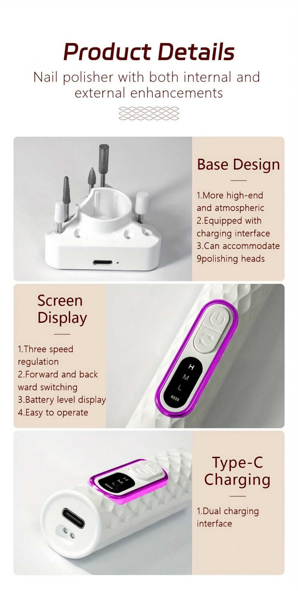 Electric Nail Drill 20000 RPM Portable E-File with Digital Display, Accessory Bits and White Finish — image 12