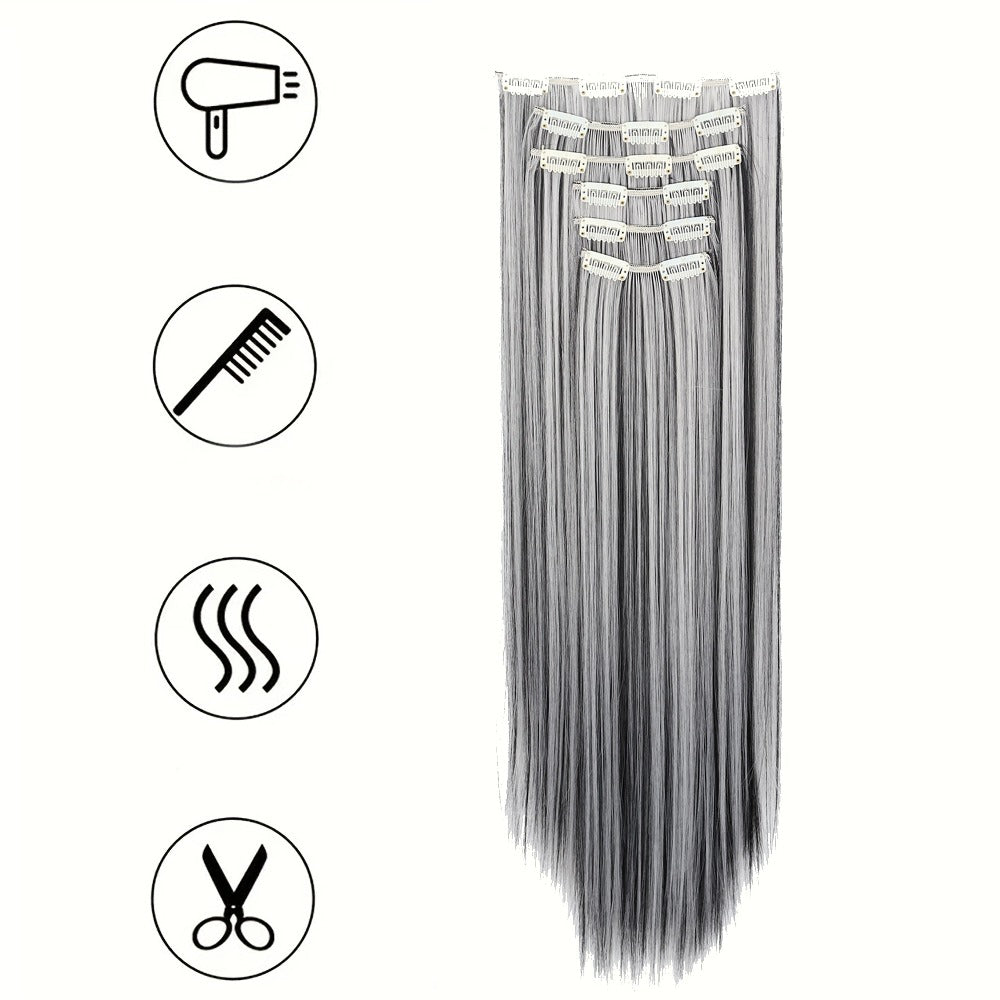 Space Gray Clip In Hair Extensions 6 Piece Set 24 Inch Heat Resistant Synthetic Fiber – Instant Length & Volume for Women | D