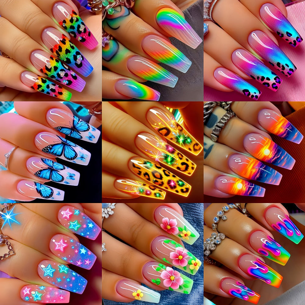 Nail Stickers for Long Nails 216 Pieces 9 Packs Glossy Removable Full Cover Nail Art Decals Wraps with Ballet Leopard Floral 