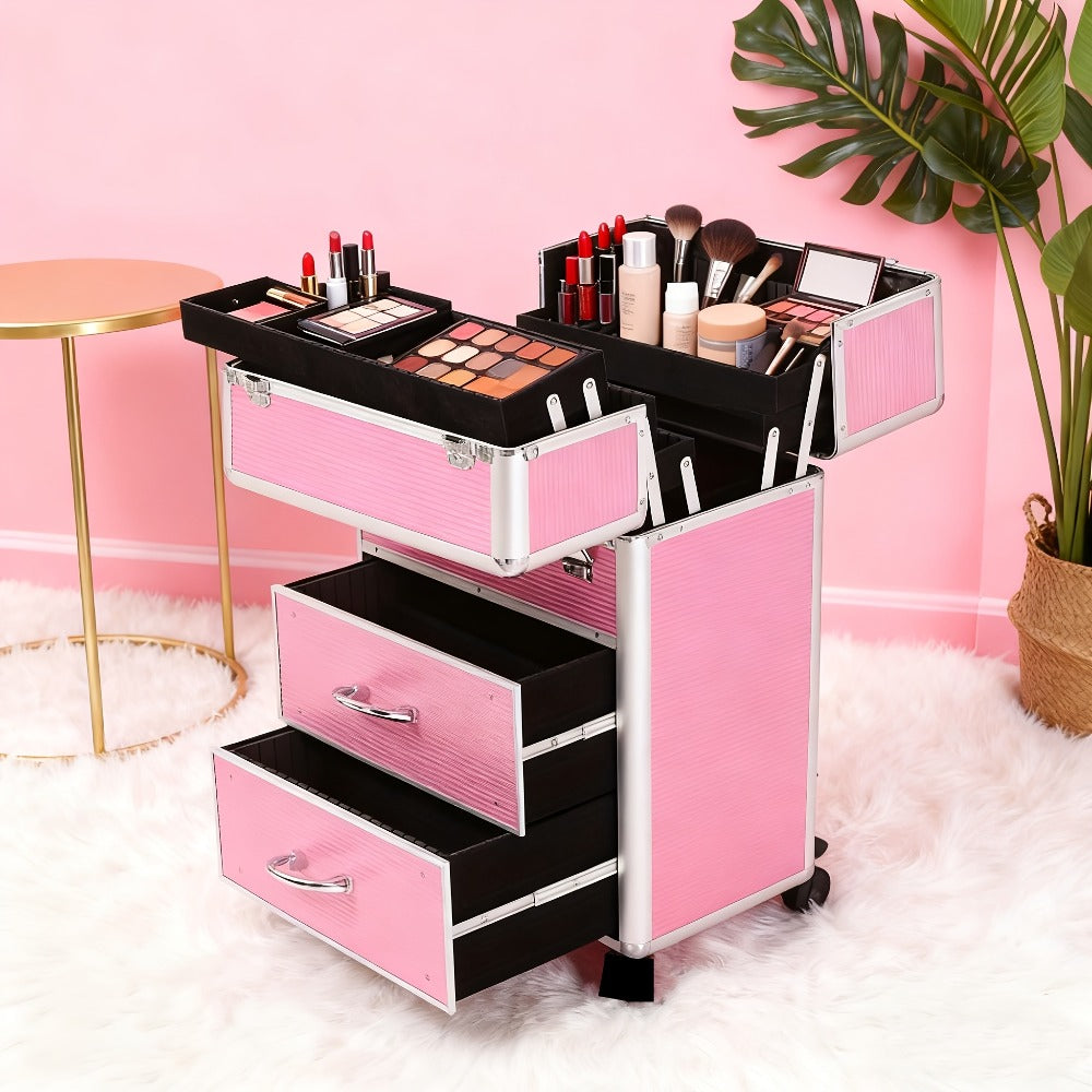 Pink Four-Tier Rolling Makeup Train Case with Fold-Out Top Trays, Two Drawers and Telescoping Handle — image 2