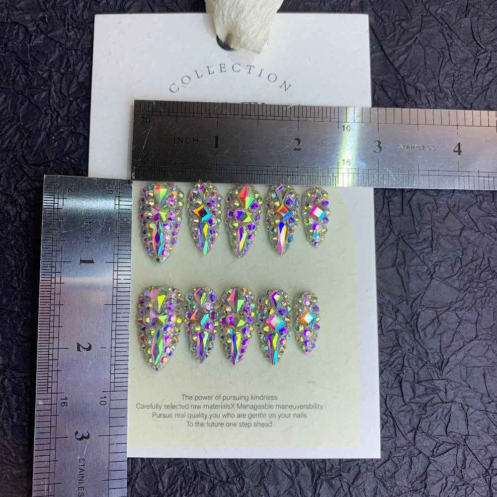 Press On Nails 10-Piece Medium Almond Glitter Color-Block Set with AB Crystal Rhinestones and Tool Kit — image 6