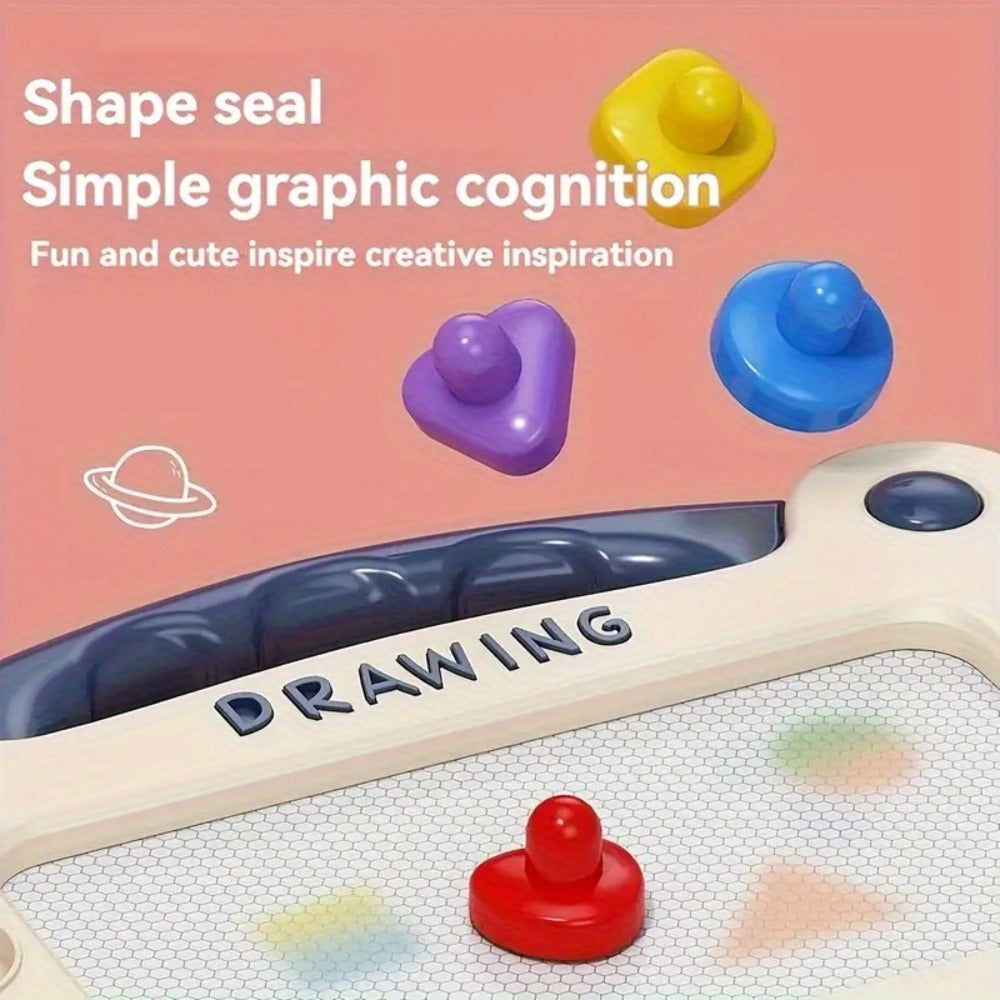 Portable Kids Magnetic Drawing Board with Four Shape Stamps, Tethered Stylus, Carry Handle and Slide Eraser — image 7