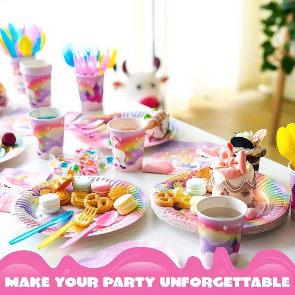 Unicorn Tableware Party Supplies Set with 145 Pieces for 24 Settings, Cups, Cutlery and Banner — image 3