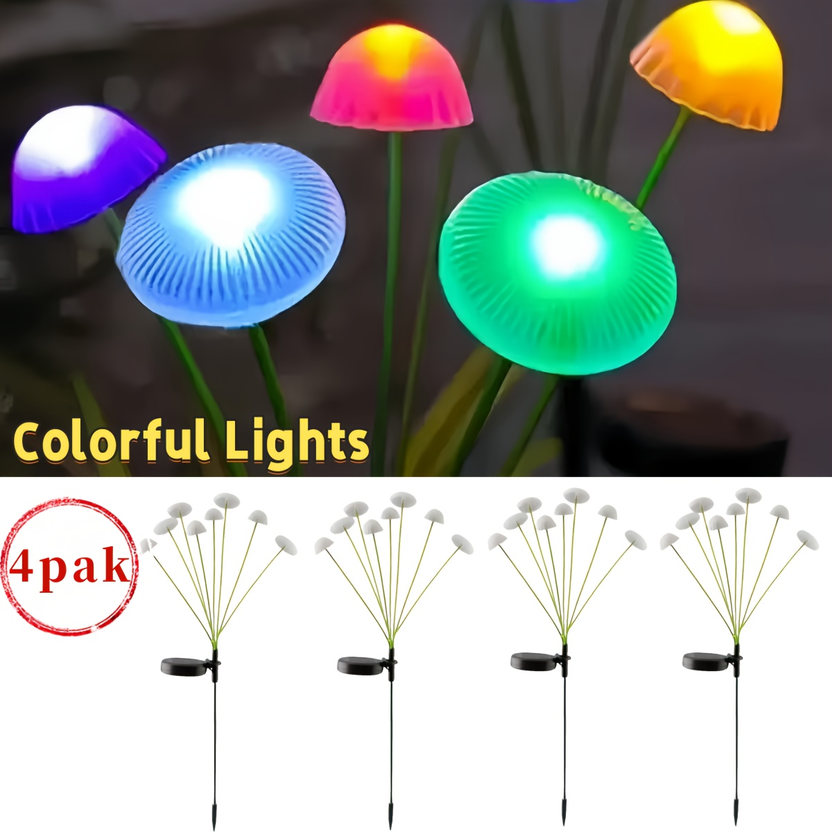 Solar Garden Lights IP65 Mushroom Path Stakes with Warm White 32-LED 4-Pack or 64-LED 8-Pack — image 8