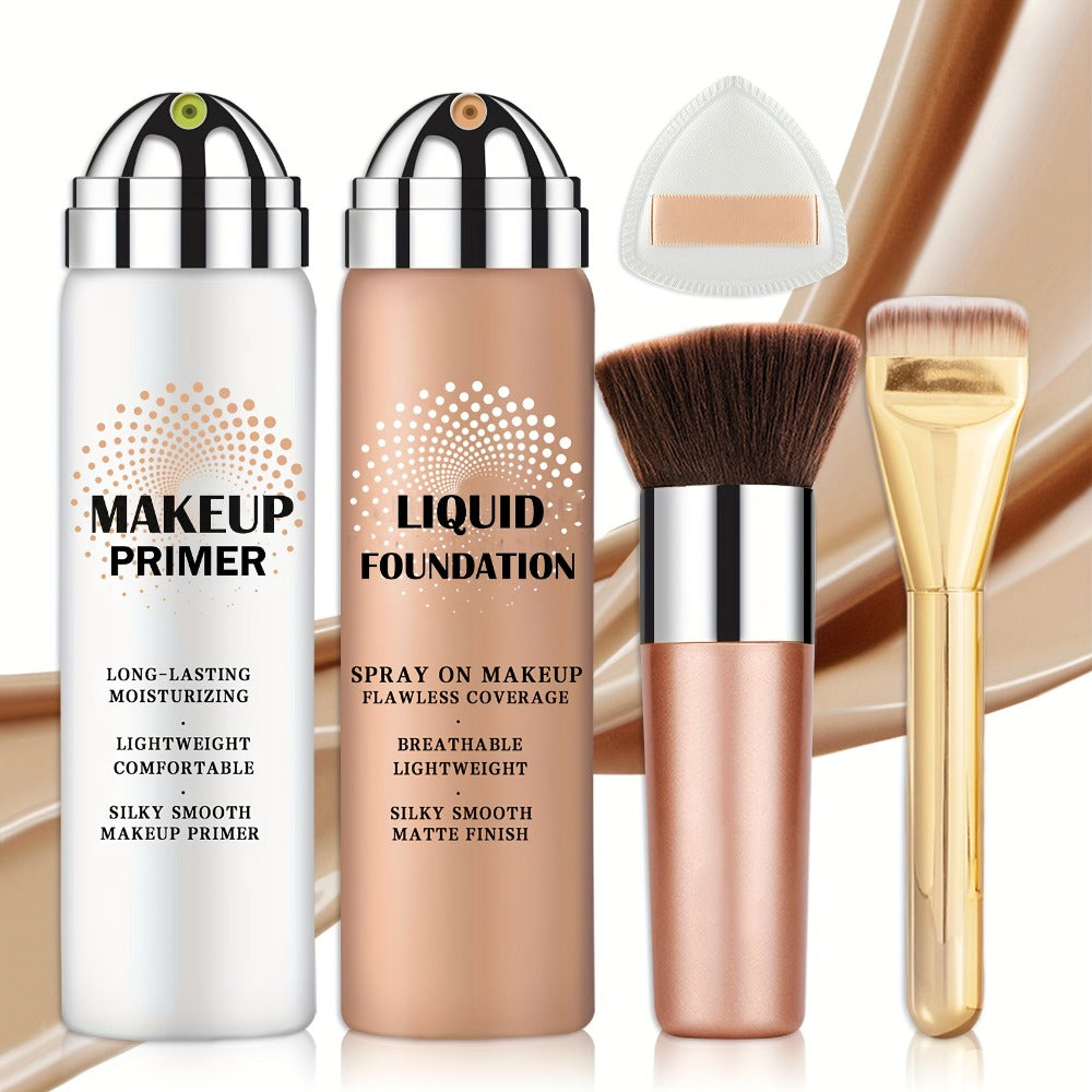 Liquid Foundation & Primer Set for Mature Skin 3-in-1 CC Cream BB Cream Silky Smooth Formula, for Makeup, Travel and Everyday