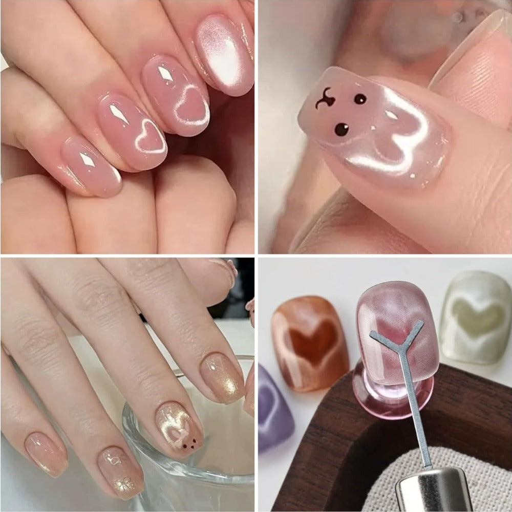 Cat Eye Nail Magnet Set 11pcs – 3-in-1 Magnet Stick with Heart & Bunny Designs, Strong Magnetic Tool for Cat Eye Gel Polish N