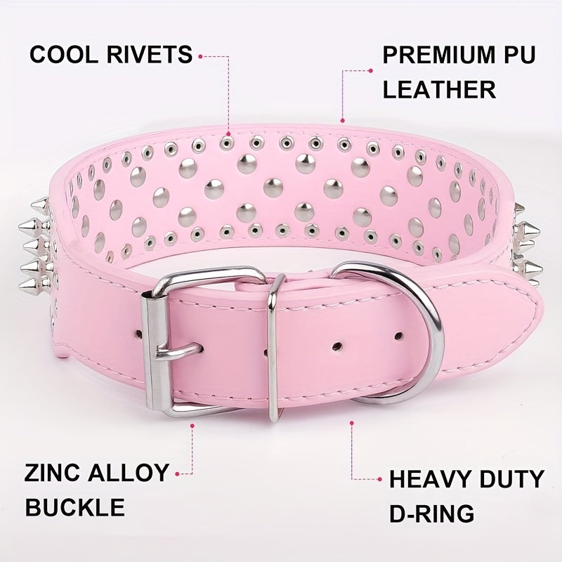 Wide Studded Dog Collar with Faux-Leather Band, Metal Spikes and Rivets in Six Colors, Sizes M and L — image 5