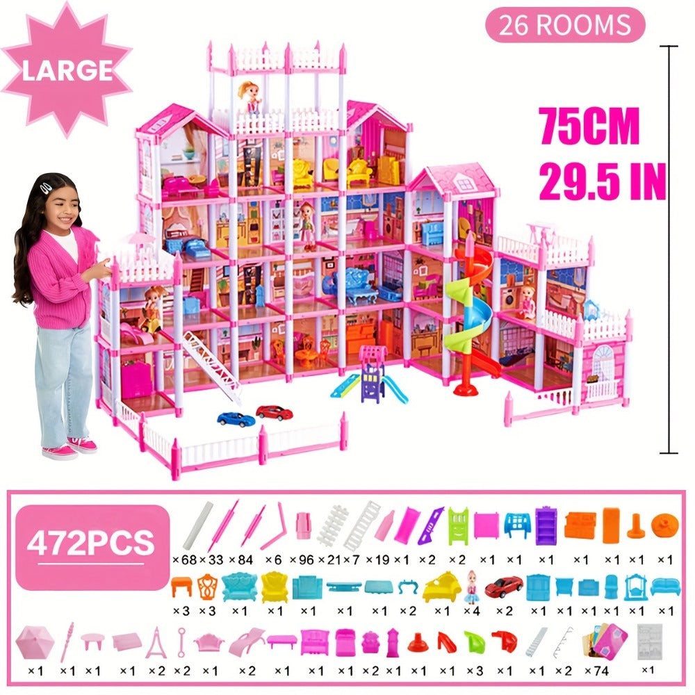 Princess Doll House Castle with Furniture & Accessories, Pink or Blue Mini Villa Playset 14 to 27 Rooms — image 12