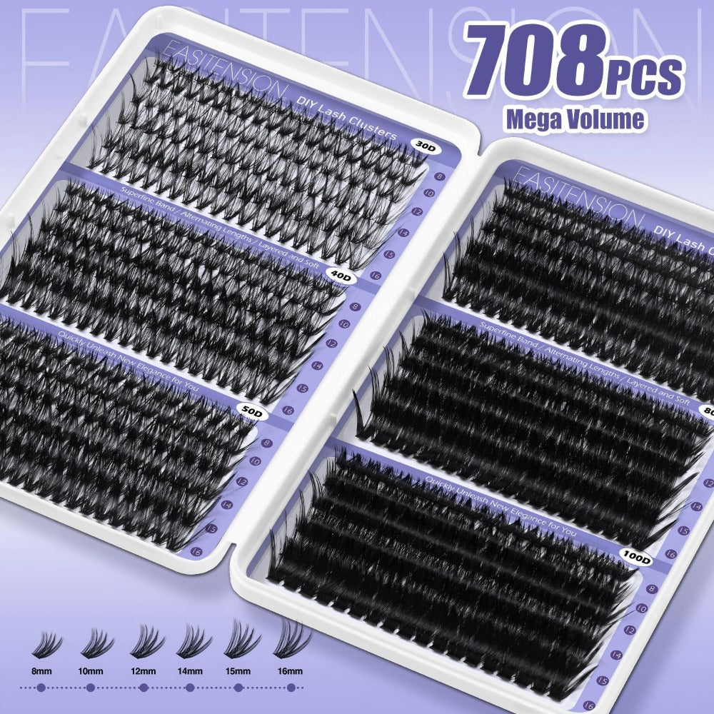 Premade Lash Clusters 708Pcs Mixed Length 30D 50D 80D 100D Wispy Volume Kit – Natural Fluffy DIY Lash Extensions with Bond Se