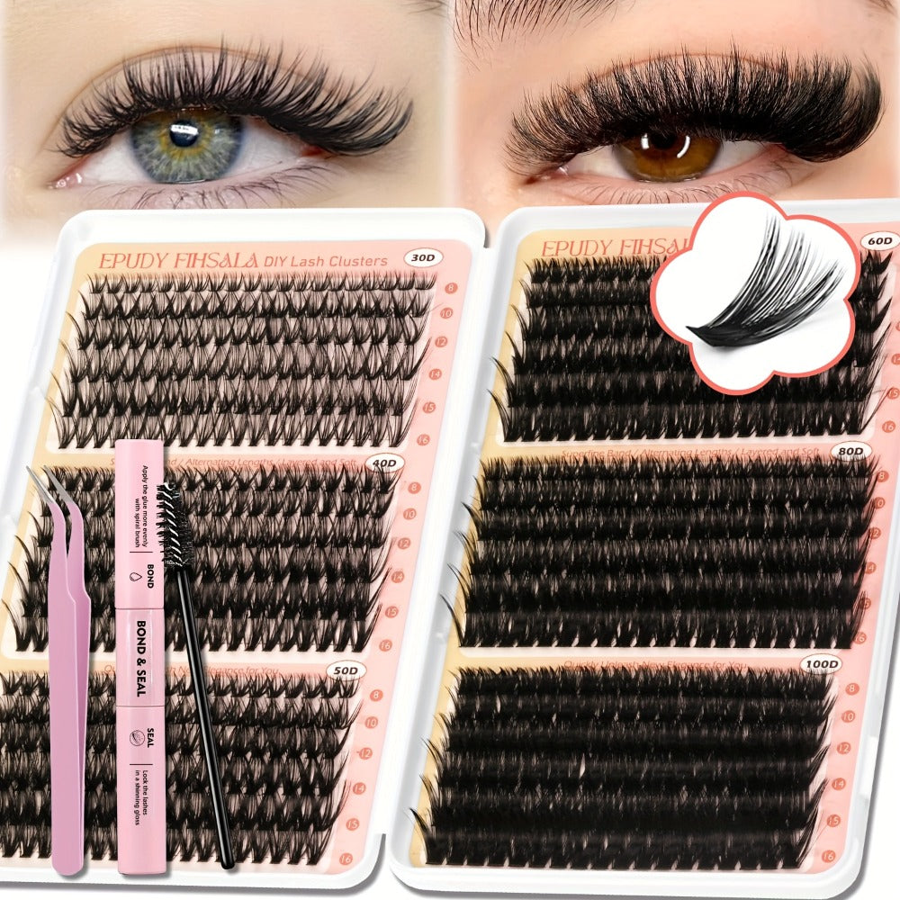 Lash Extension Kit with 708 Clusters in 8-16mm Mixed Lengths and 30D-100D Densities, Glue, Tweezers and Brush — image 1
