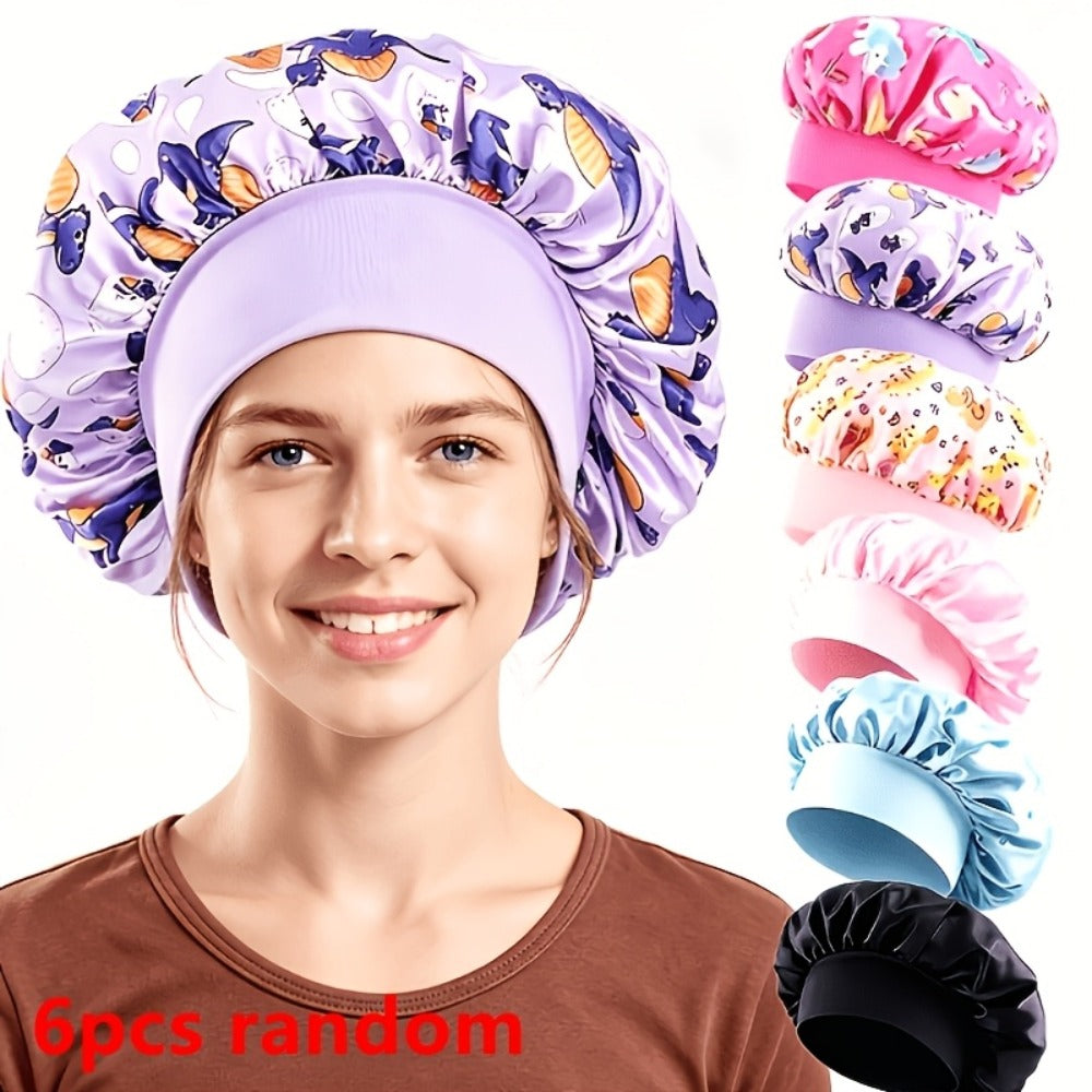 Shower Caps 6 Pack Unicorn Colorful Printed – Adjustable Elastic Reusable Waterproof Hair Cap Set for Women & Girls — image 2
