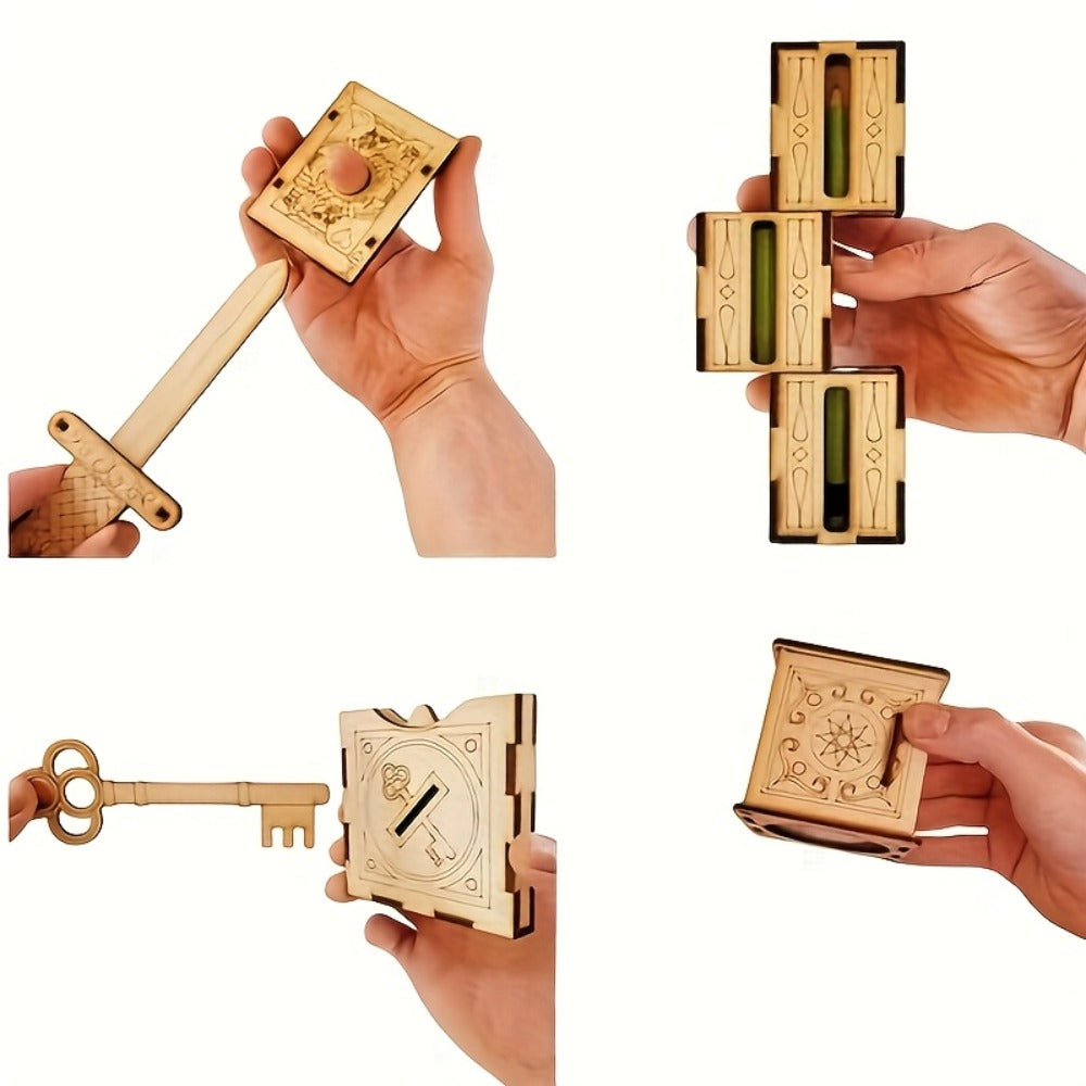 Wooden Magic Trick Set 4-Piece Kit, STEM Magic Puzzles with Sword Finger, Coin & Key Penetration — image 1