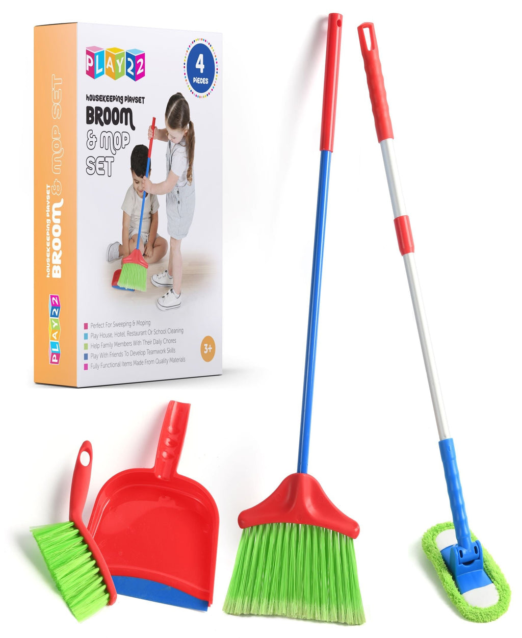 Kids Cleaning Set 4 Piece Toy Broom Mop Brush Dustpan, Pretend Play Housekeeping Kit for Toddlers Boys Girls — image 8