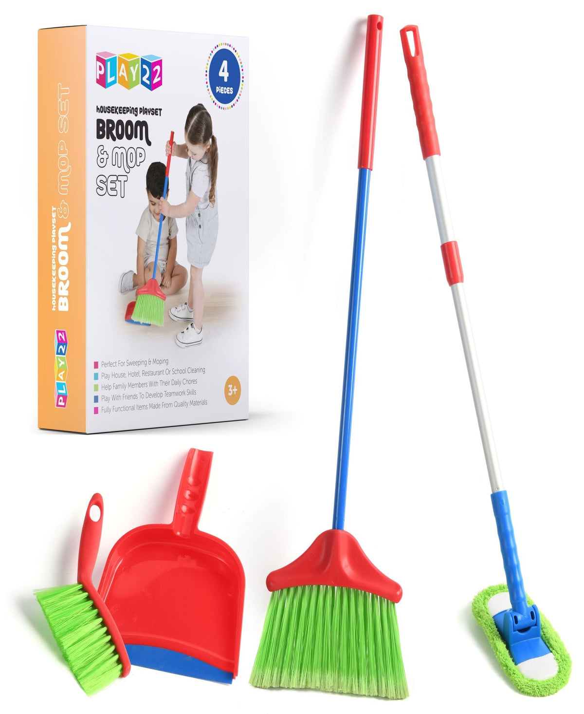 Kids Cleaning Set 4 Piece Toy Broom Mop Brush Dustpan, Pretend Play Housekeeping Kit for Toddlers Boys Girls — image 8