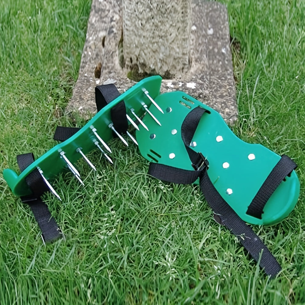 Lawn Aerator Shoe Pair with Green Platforms, Adjustable Black Straps and Spiked Soles for Walking Use — image 4