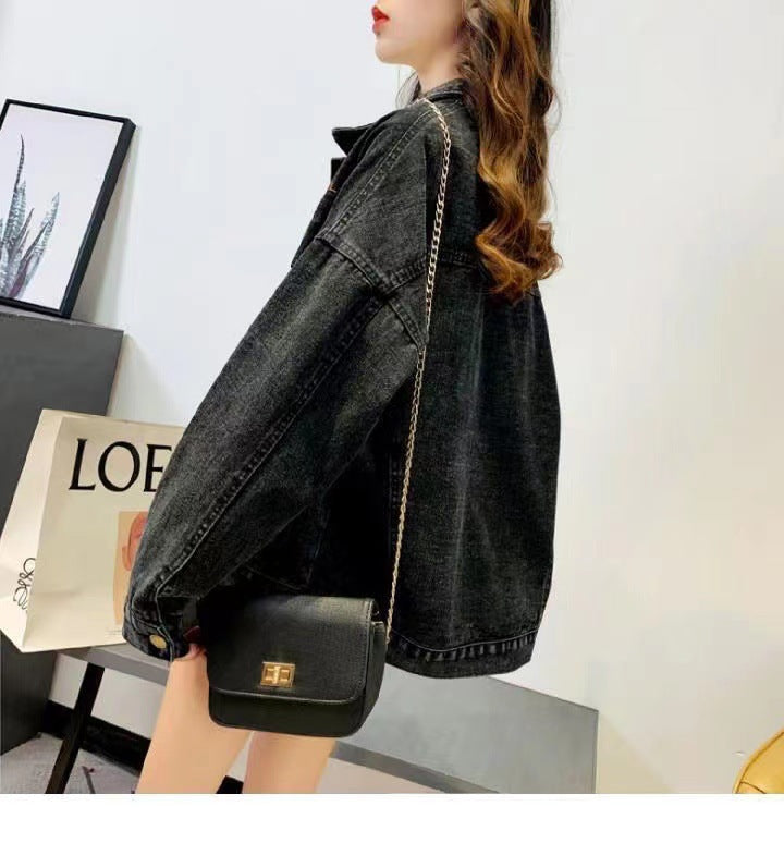 Loose Embroidered Lettered Black Denim Jacket Slimming Jacket Coat For Women