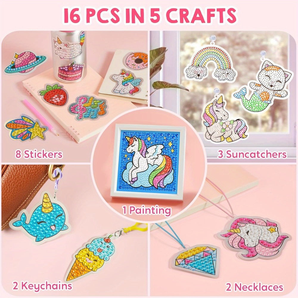 Diamond Gem Painting Kit for Girls Ages 6+ 16 Projects, 5D Gem Art Set with 2800+ Gems Unicorn Suncatchers Keychains Necklace