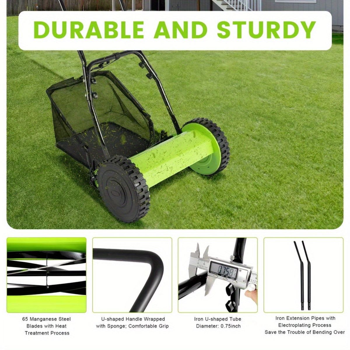 Manual Reel Lawn Mower 5-Blade Push Mower 11.8-Inch Cutting Width Adjustable Height 0.47"-1.77" for Garden, Patio and Yard Us