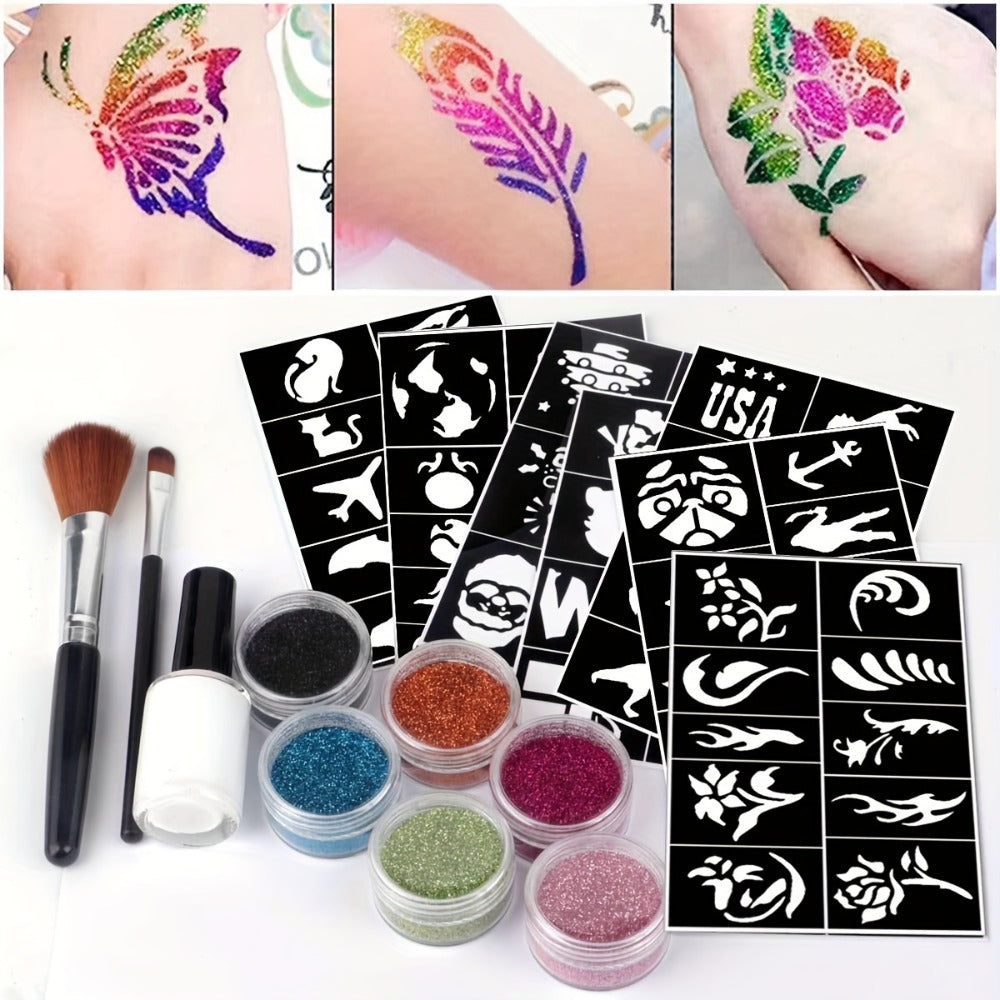 Glitter Tattoo Kit for Kids & Adults, 14 Stencil Sheets 6 Metallic Colors Skin-Safe Body Glue 2 Brushes — image 5