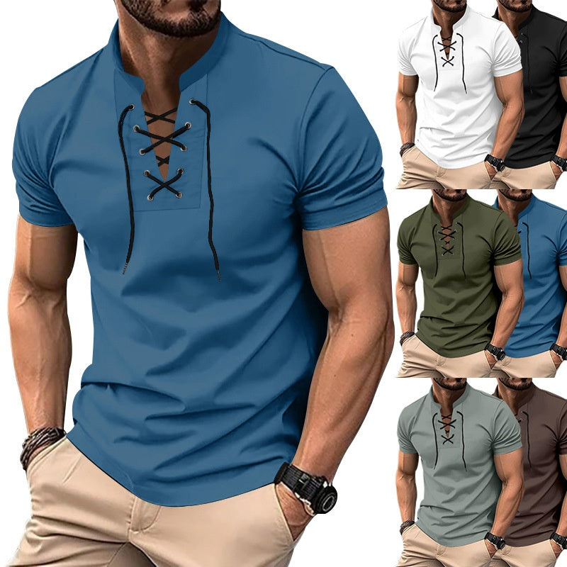 Men's Thin V-neck V-tie Casual Sporty Short Sleeve
