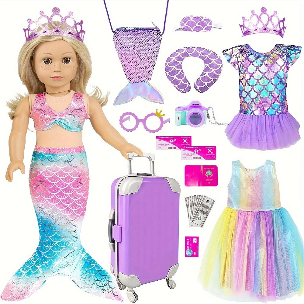 Twenty-Piece Mermaid Travel Accessory Set for 18-Inch Dolls with Purple Suitcase, Skirts and Crown — image 8