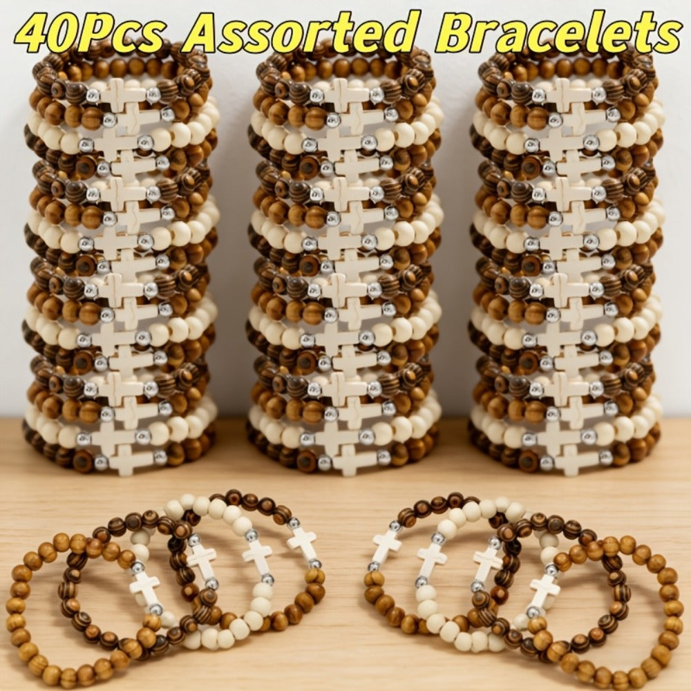 Cross Bracelets Bulk for Baptism Party Favors, 20/40PCS Vintage Ethnic Alloy Cross Pendant Woven Elastic Bracelets — image 5