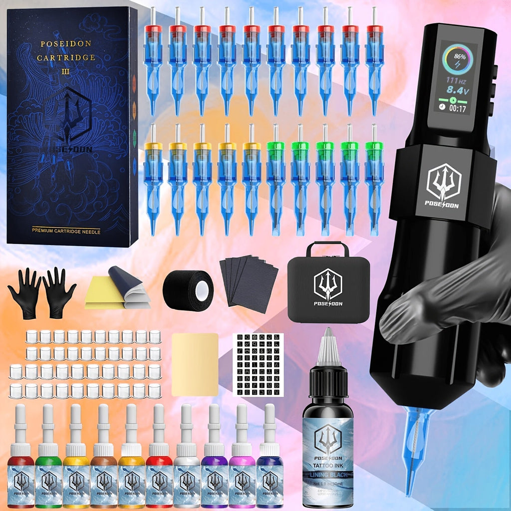 POSEIDON LTK08 Tattoo Kit with 1800mAh Color-Display Pen, 20 Cartridges, 11 Inks and Carry Case — image 17