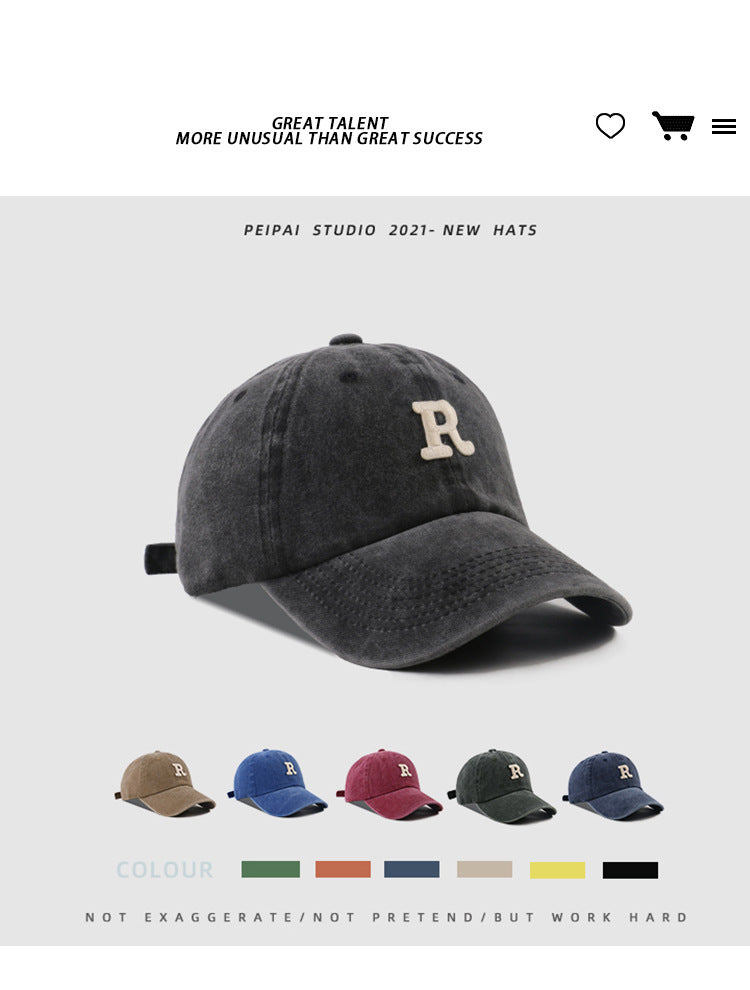 Washed Letter R Stick Ball Cap Casual Patch Sun Hat