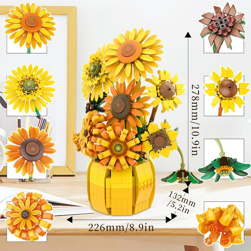 Sunflower Bouquet Building Blocks Set with 1009-Piece Checkout Label, Adjustable Petals and Yellow Vase Display — image 7