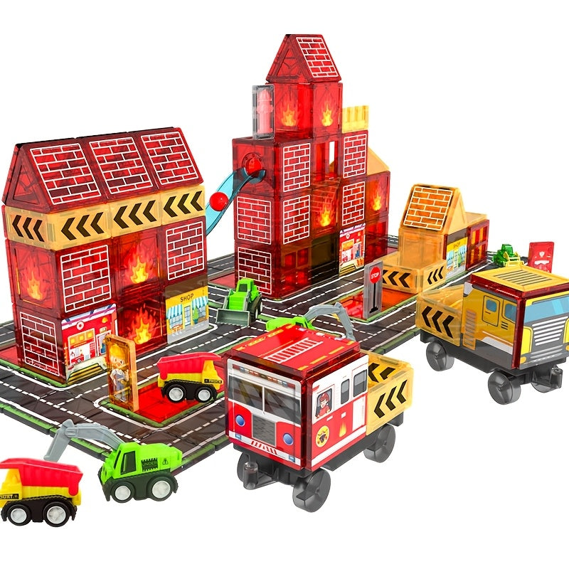Magnetic Tiles 56-Piece Fire Station Building Set with Road Panels, Crane, Ramps and Vehicle Pieces — image 9
