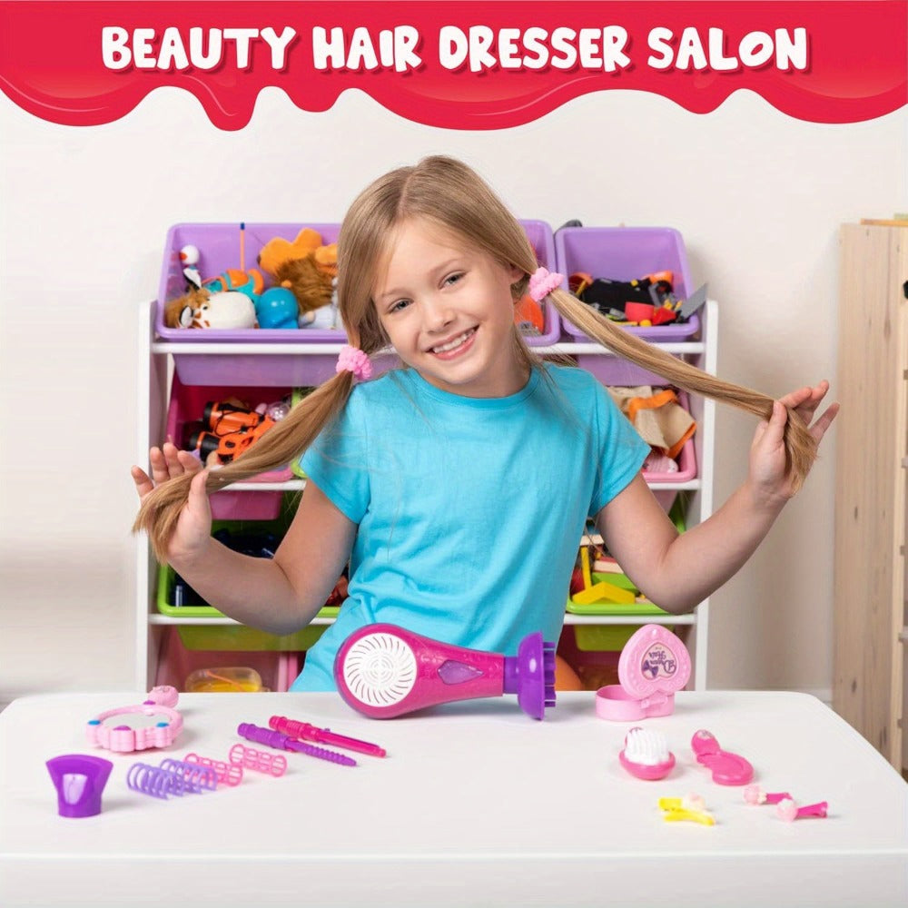 Girls Beauty Salon Toy Set 17 PCS, Pretend Play Hair Stylist Kit with Working Hairdryer Mirror Curling Wands Combs Clips & Je