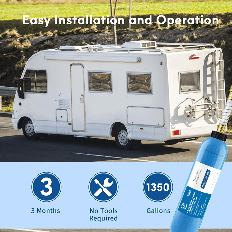 RV Water Filter with Flexible Hose Protector – Inline Hose Filter, Reduces Chlorine, Odors & Sediment, BPA-Free, for RV, Camp