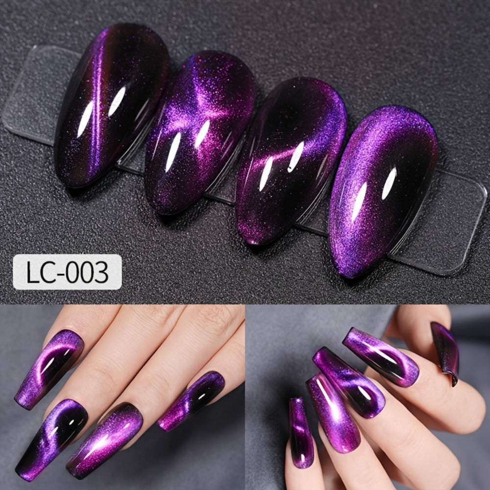 Gel Nail Polish 8-Piece Aurora Magnetic Cat-Eye Set with Black-Crystal Glitter and 3D Light-Shifting Finish for UV/LED Cure —