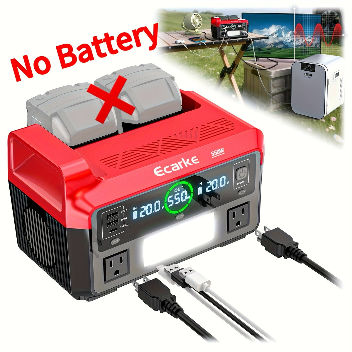 Pure Sine Wave Inverter 550W for 18V Battery - DC 18V to AC 110V, 2×USB-C 20W Fast Charge, 2×USB-A — image 1