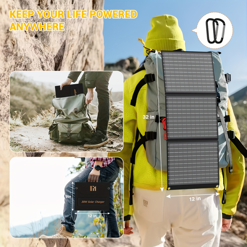 Portable Solar Panel Charger 30W 60W, Foldable Monocrystalline with 18V MC4, DC 12V, USB-A QC3.0 & USB-C PD 18W for Camping —