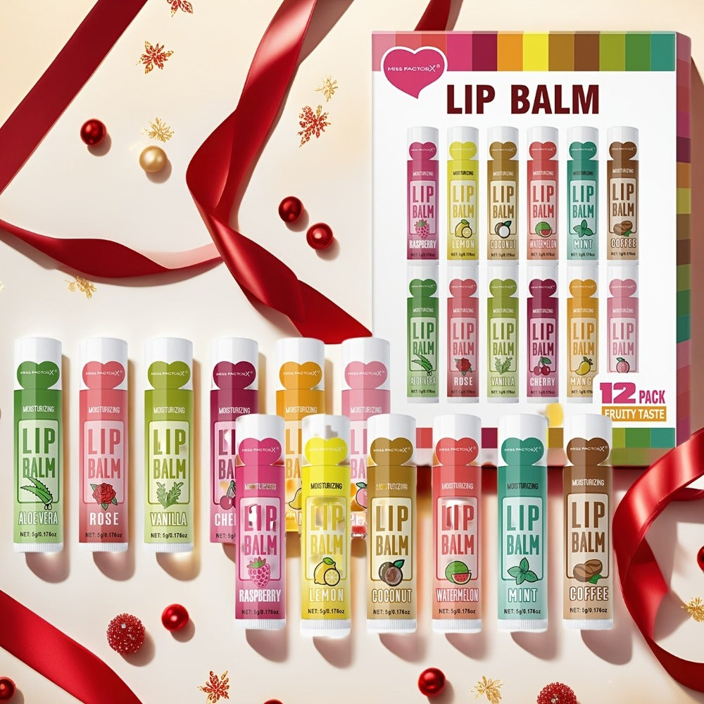 12-Piece Tube Lip Balm Set with 12 Pictured Fruit and Botanical Flavor Labels in a Display Box — image 1