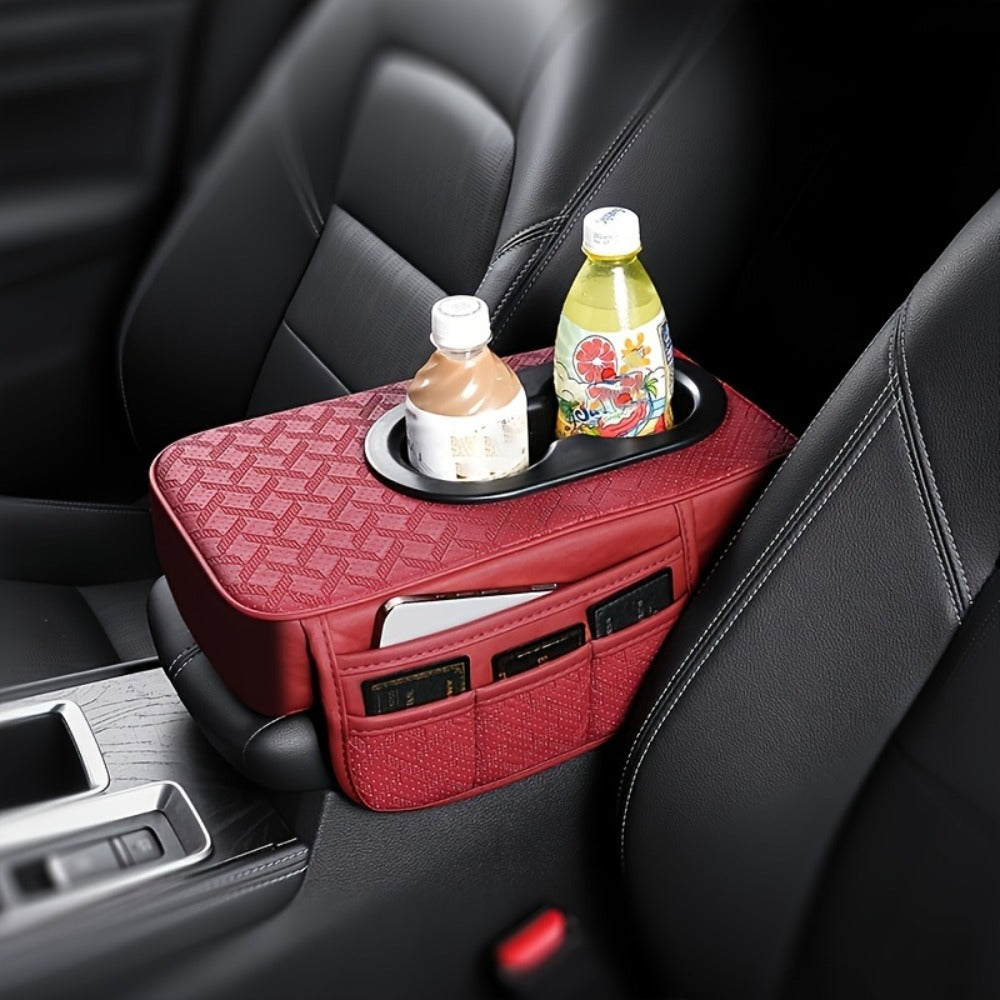 Car Center Console Cover PU Leather – Universal Armrest Box Mat with 2 Cup Holders & 2 Side Pockets, Phone & Card Storage — i