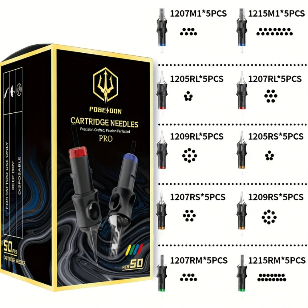 Tattoo Cartridge Needles with POSEIDON V5 Label, 50-Piece Mixed or Round Liner Pack Options — image 3
