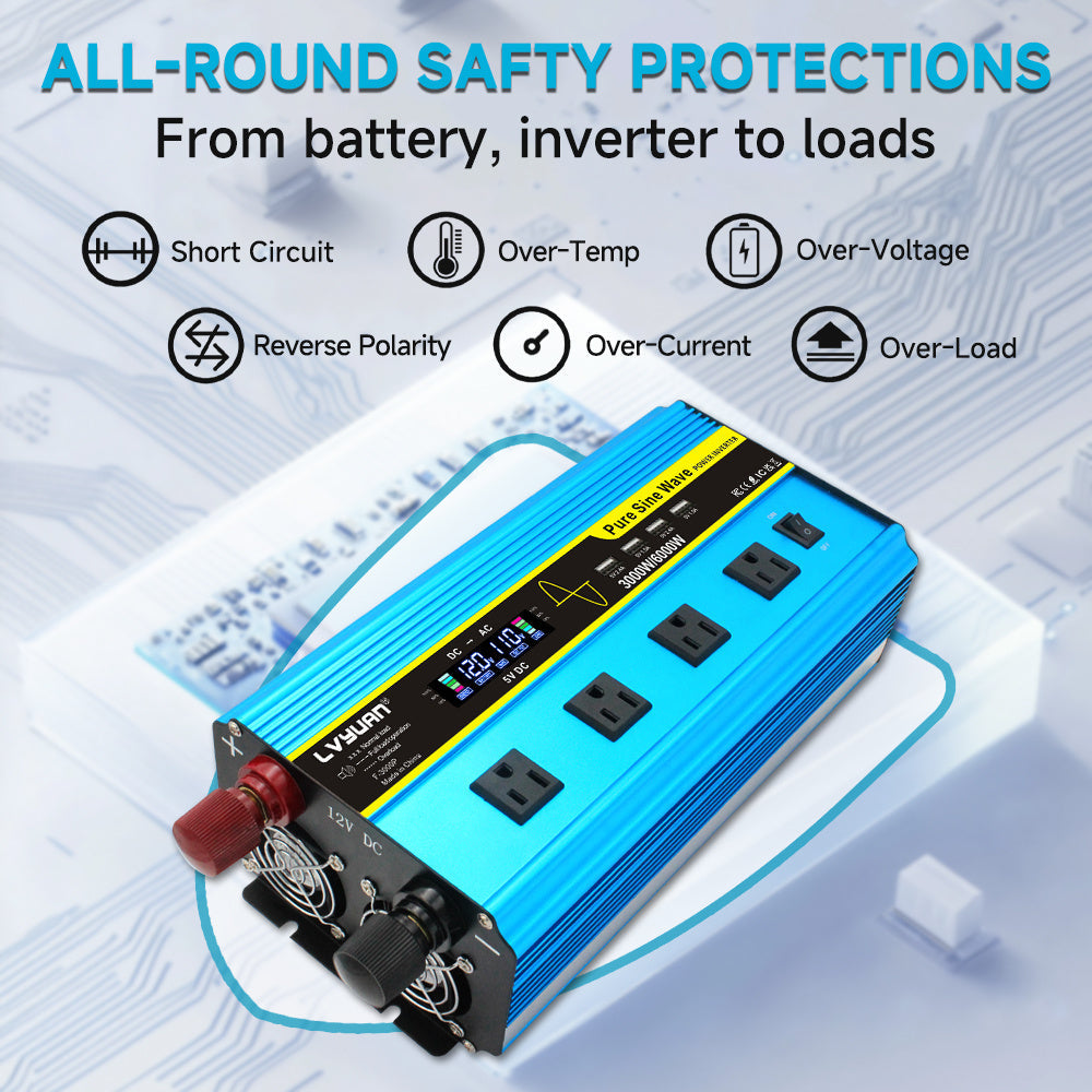 Blue 12V or 24V DC to 110V AC Power Inverter with LCD, Four AC Receptacles and Remote Presentation — image 4