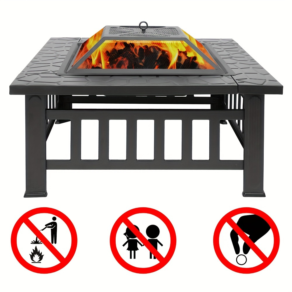 Black Square Fire Pit Table with Raised Mesh Cover, Perforated Side Panels and Wood-Burning Bowl — image 8