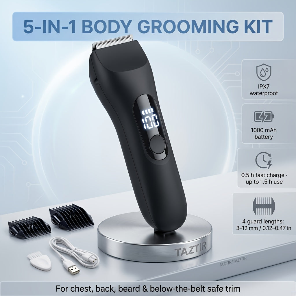 Waterproof Beard Trimmer 5-in-1 Body Grooming Kit for Men IP67 USB Rechargeable Electric Razor with Ceramic Blades LED Displa