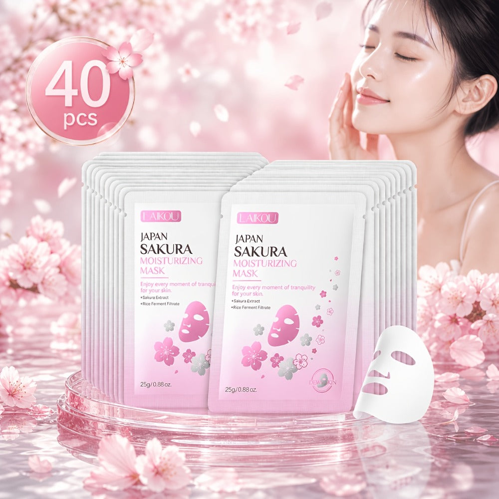 LAIKOU Sakura Sheet Mask 40-Pack with 25g Pouches, Sakura Extract and Rice Ferment Filtrate Labels — image 1
